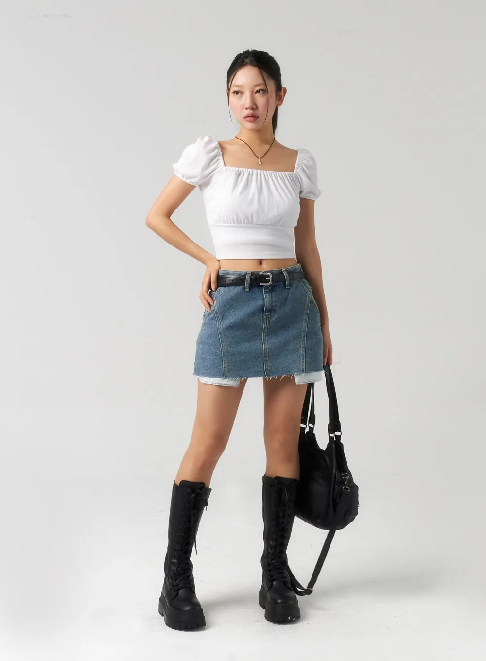 Ripped Hem Denim Mini Skirt CU326