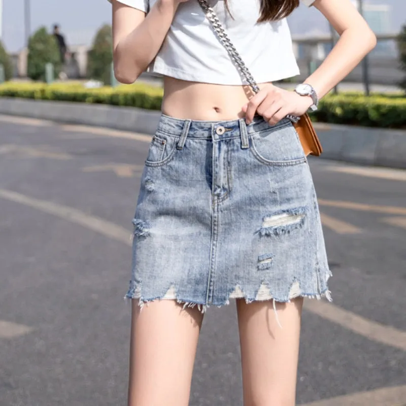 Ripped Women Denim Skirt Summer High Waist Lined Jean Mini Skirt Korean A Line Casual Tassel Fashion Pocket Short Skirts