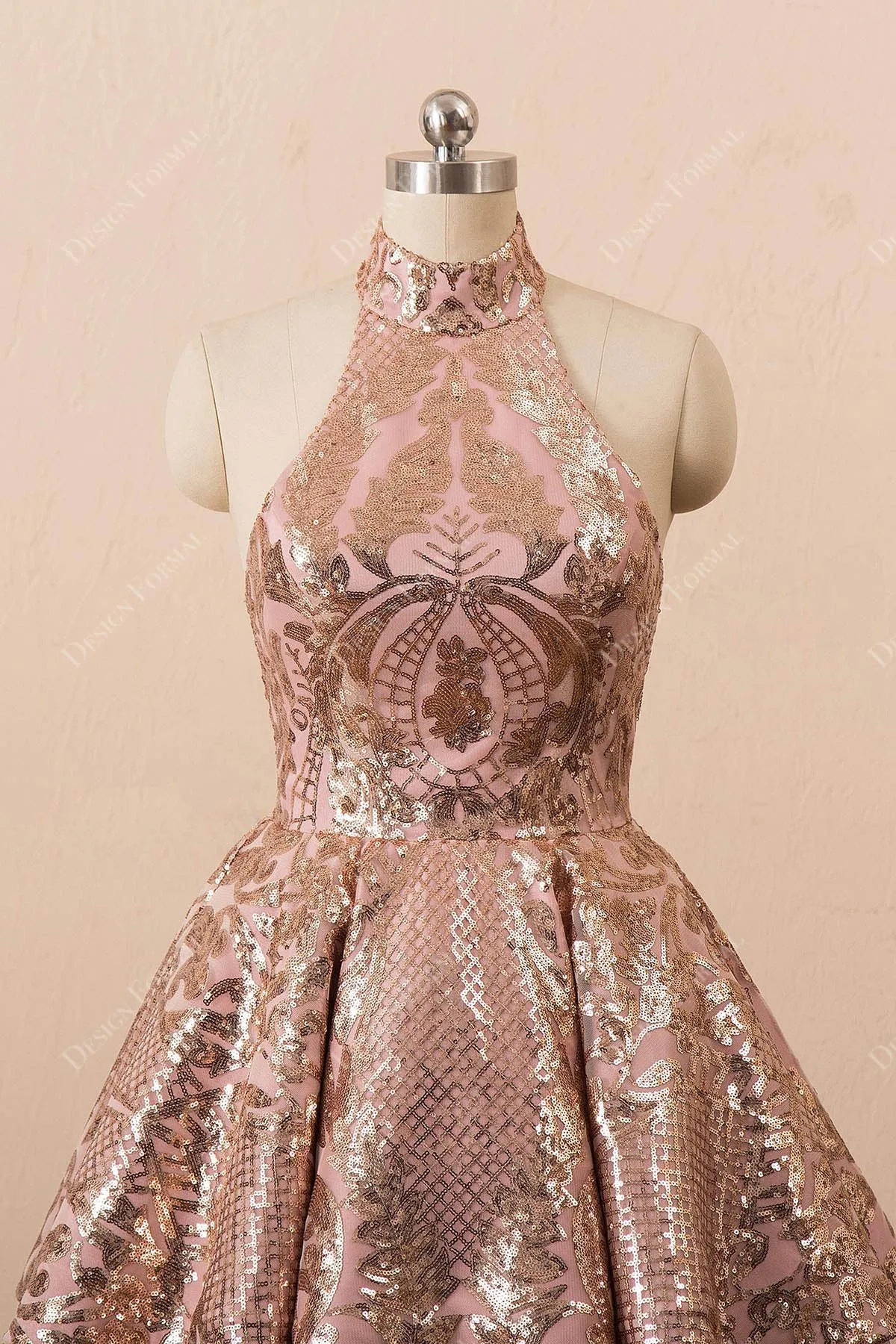 Rose Gold  Sequin Halter Cocktail Homecoming Dress