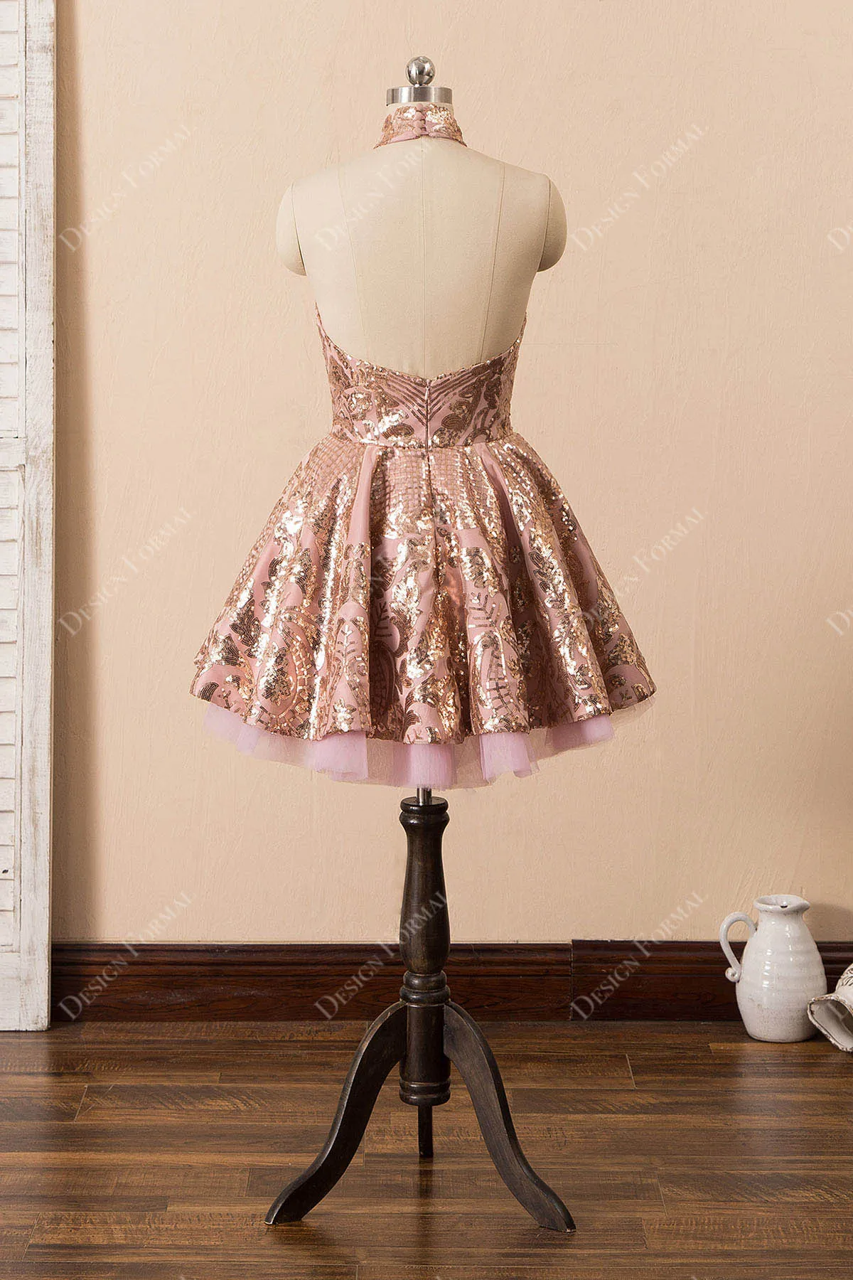 Rose Gold  Sequin Halter Cocktail Homecoming Dress