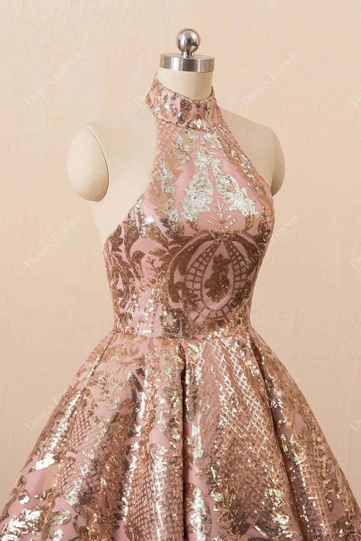 Rose Gold  Sequin Halter Cocktail Homecoming Dress