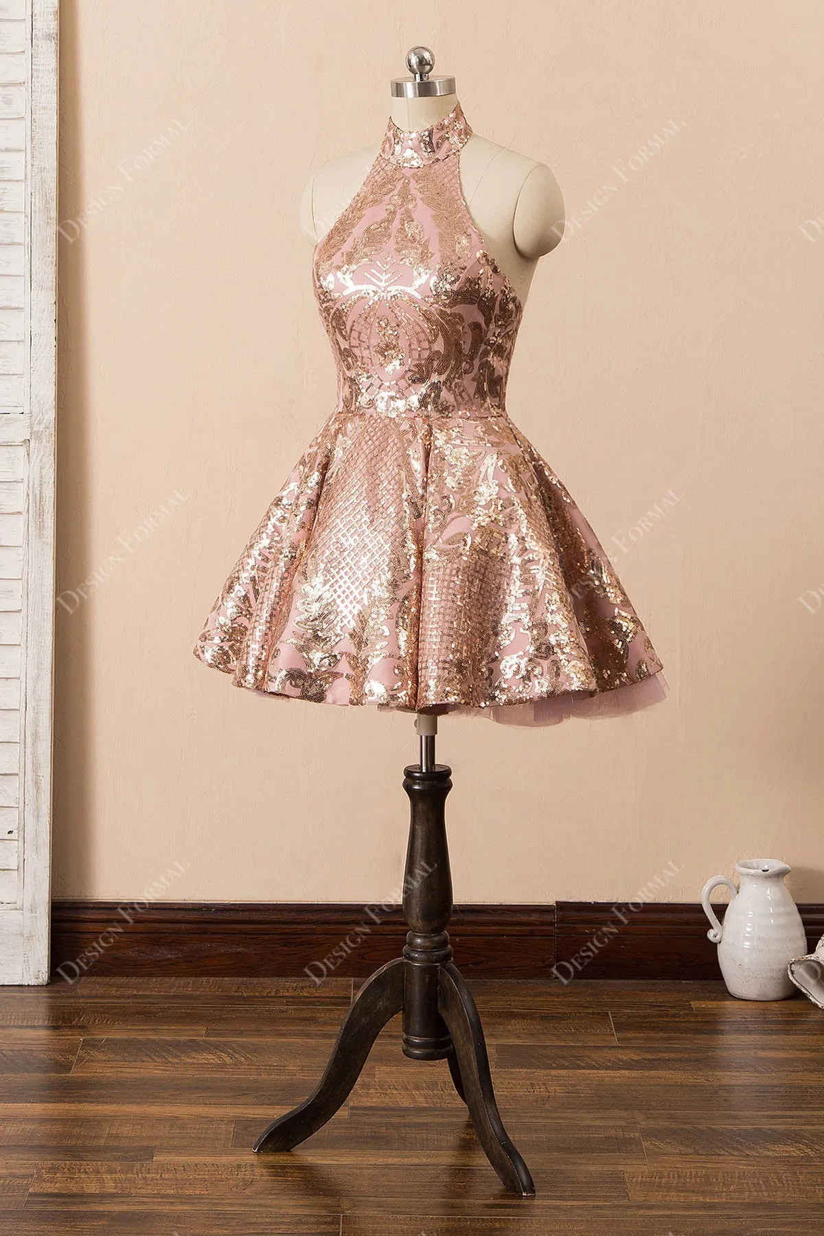 Rose Gold  Sequin Halter Cocktail Homecoming Dress