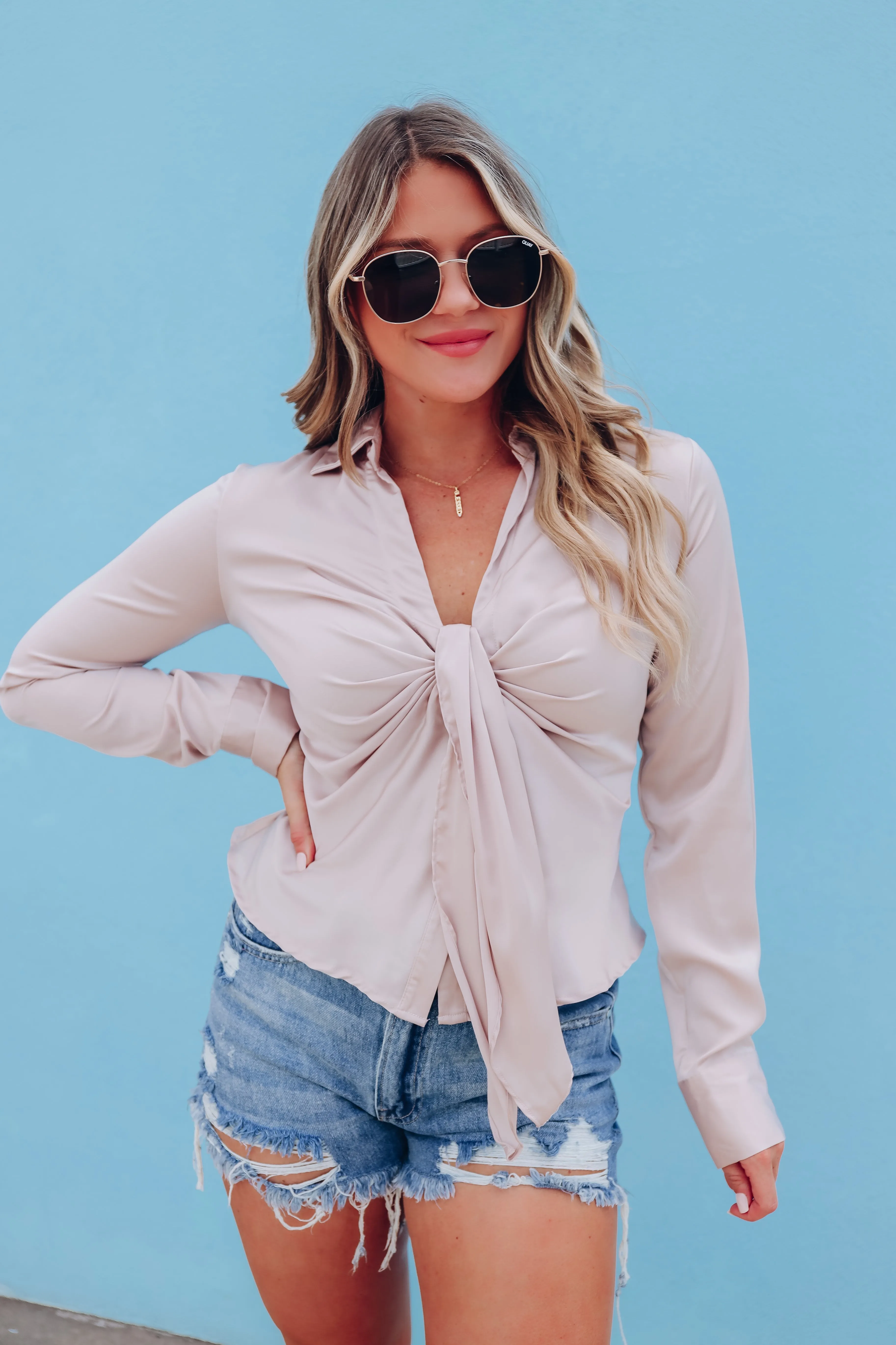 Sassy And Chic Satin Collared Blouse - Champagne