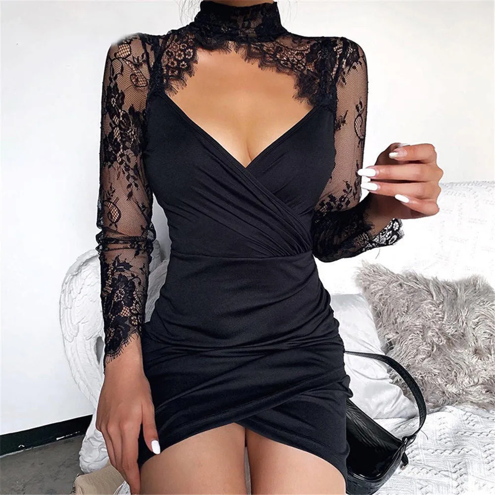 Sexy lace stitching long sleeve dress female temperament ladies sexy V-neck slim slimming hip skirt