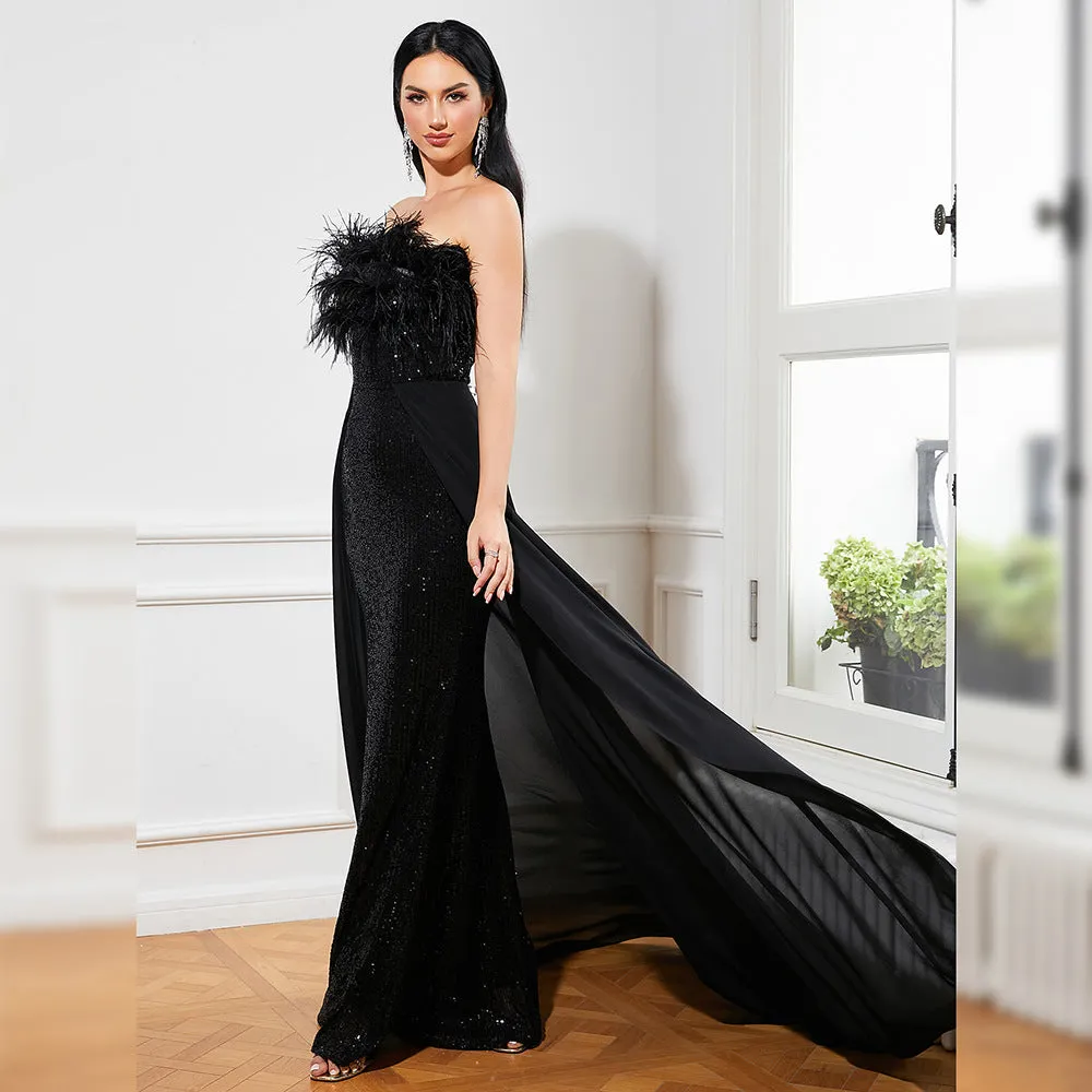 Sexy Long Sequined Feathers Wrap Around The Chest Evening Maxi Dress