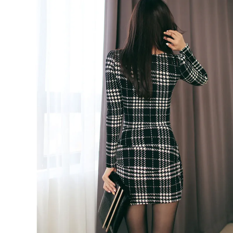 Sexy V-neck plaid skirt elegant temperament bodycon dress