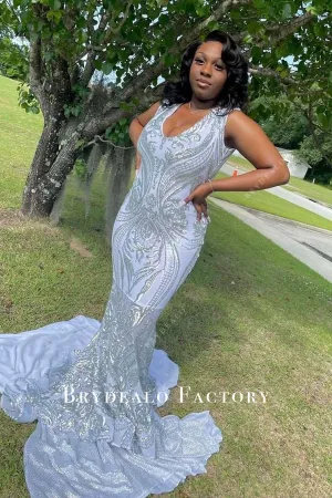 Silver Sequin Plunging Neck Sleeveless Mermaid Unique Prom Dress