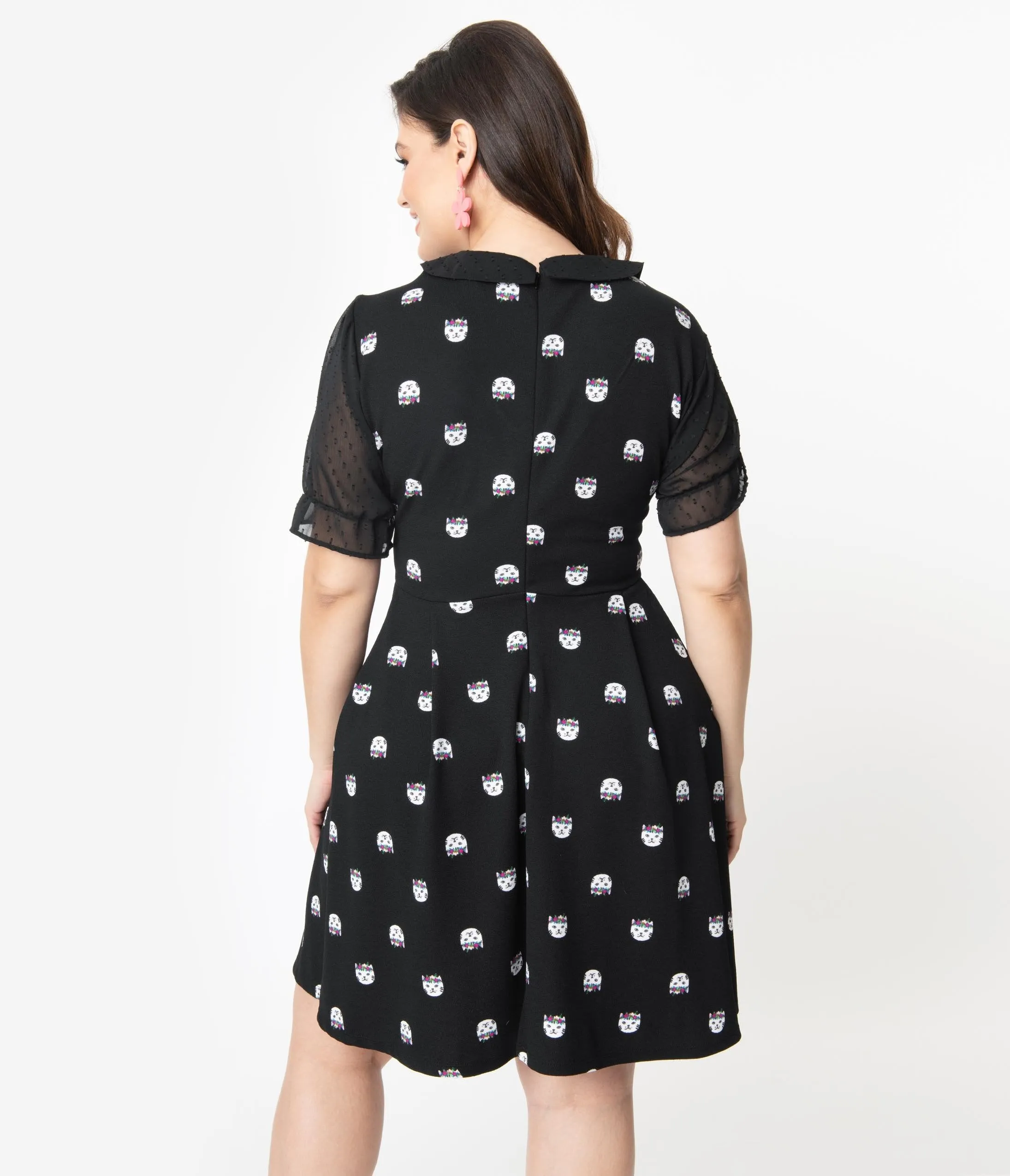 Smak Parlour Plus Size Black Cat Print Ruffle Riot Fit & Flare Dress