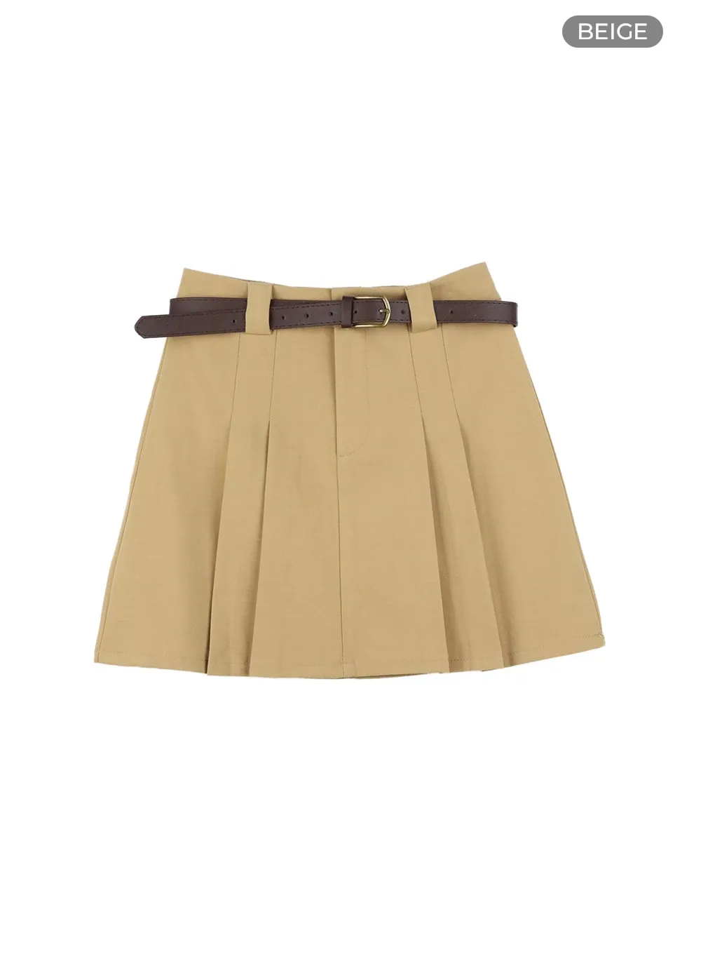 Solid Pleated Mini Skirt with Belt Strap OM419