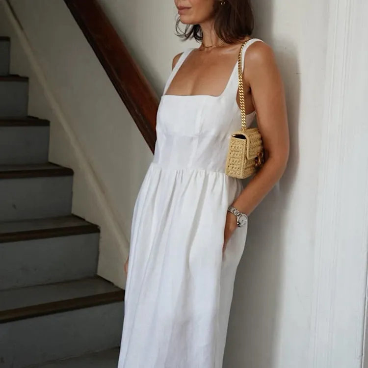 Spring Summer White Cami Dress Women Casual Fold Split A line Long Dress