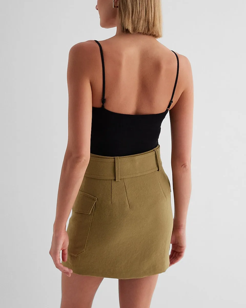 Super High Waisted Belted Cargo Mini Skirt in Moss Khaki