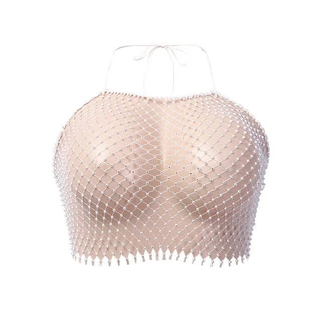 TEEK - Fishnet Rhinestone Crop Top | Skirt