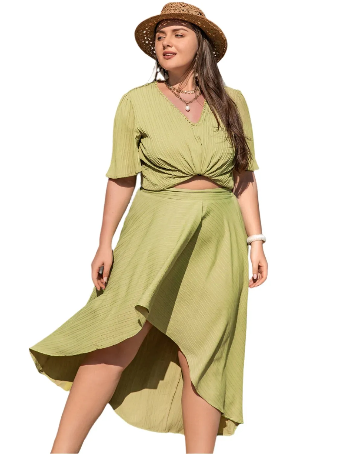 TEEK - Plus Size Yellow-Green V-Neck Half Sleeve Top Skirt Set