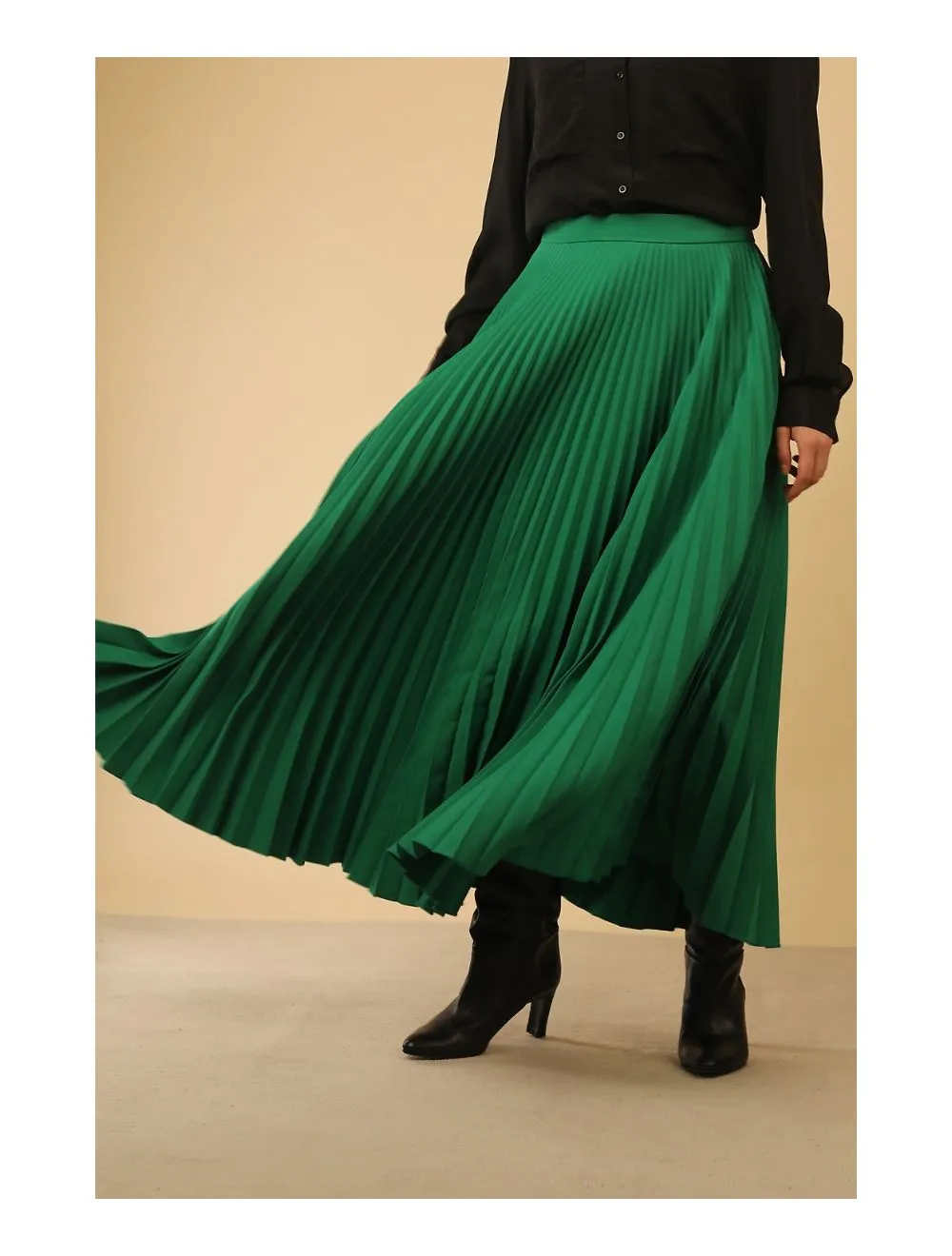 The Green Anais Pleated Maxi Skirt by Lora Gene