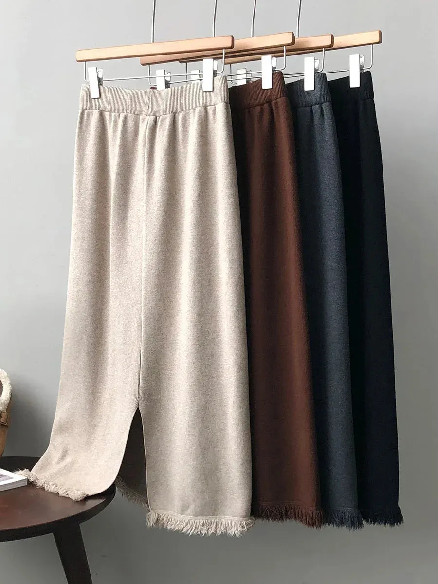 Thicken Warm Knitted Long Maxi Skirt Women Fall Winter Casual Solid A Line High Waist Stretch Skirts Female Ladies C-294