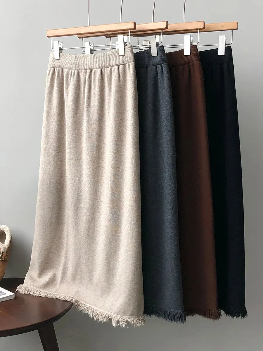 Thicken Warm Knitted Long Maxi Skirt Women Fall Winter Casual Solid A Line High Waist Stretch Skirts Female Ladies C-294