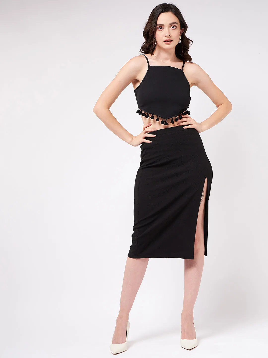 Tie-Up Crop Top With Fitted Skirt Set