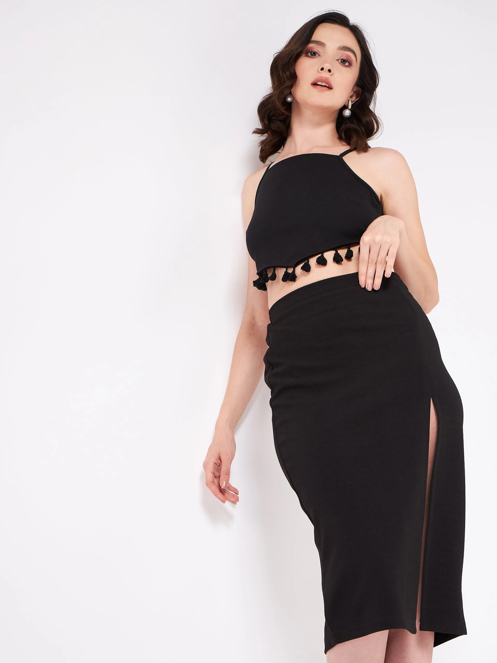 Tie-Up Crop Top With Fitted Skirt Set