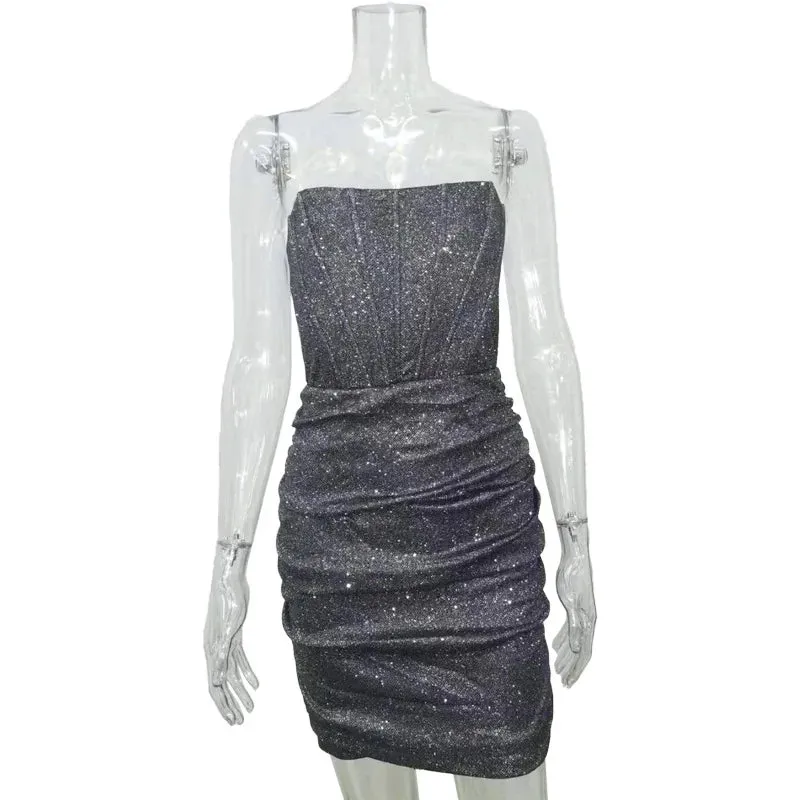 Toleet-Sliver Glitter Sexy Dress Women Strapless Skeleton Mini Summer Bodycon Dress Vestido Elegant Night Party Dress