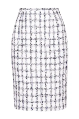 Tweed Pencil Skirt in White with Navy Overchecks - Penny