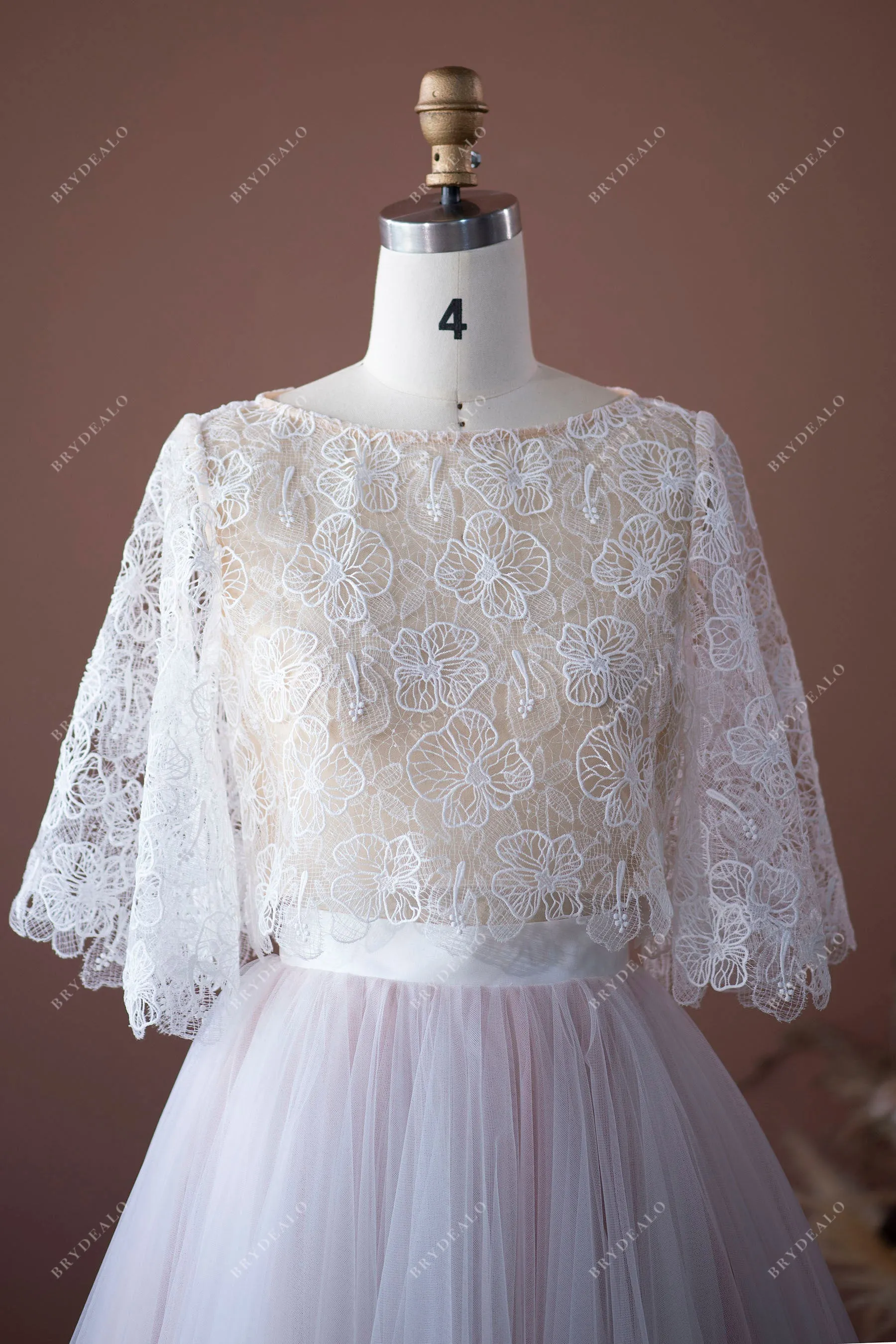 Two-Piece Flower Lace Tulle Sheer Flutter Sleeve Casual Informal Wedding Dress