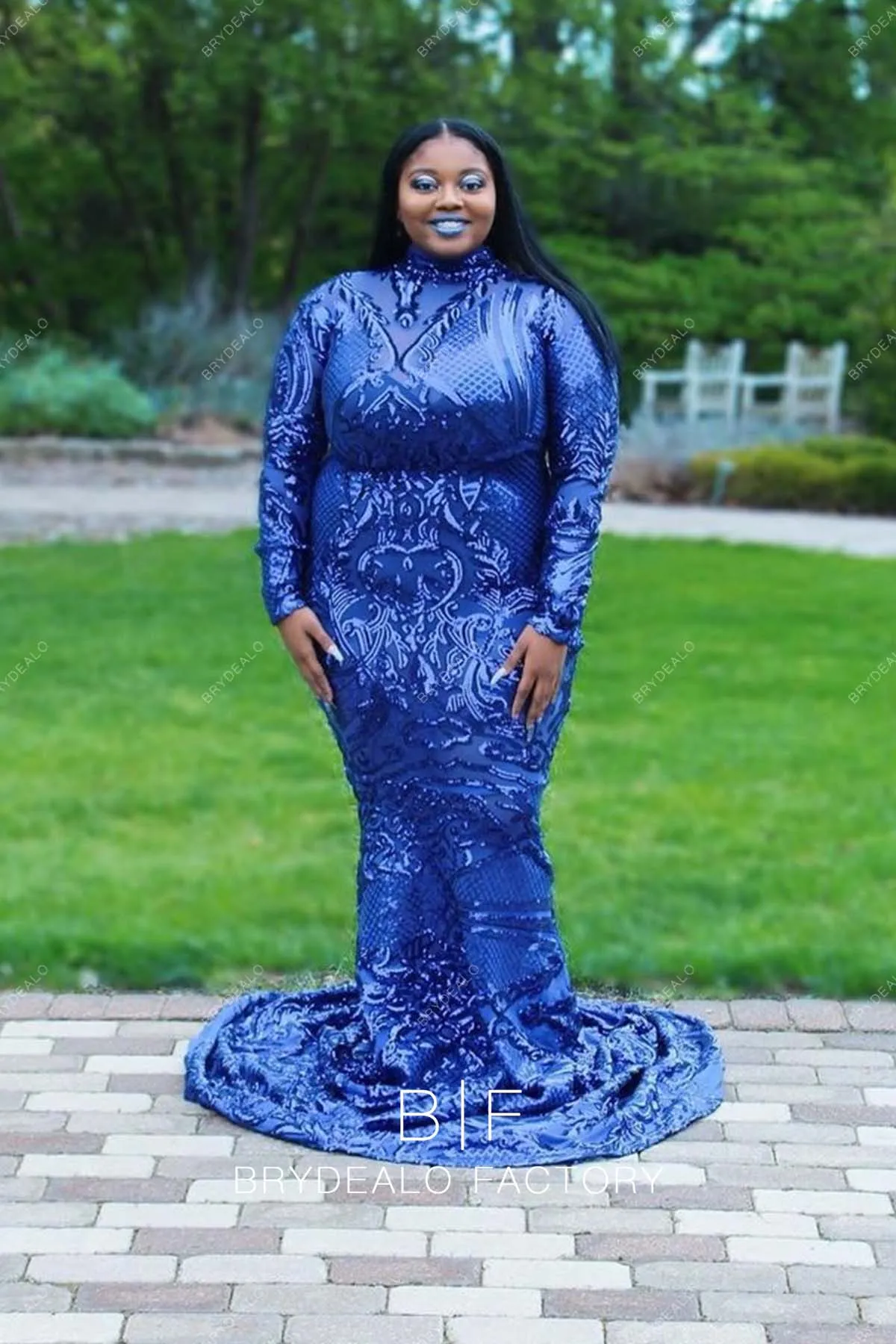 Unique Blue Sequin Plus Size Long Sleeve Mermaid Prom Dress