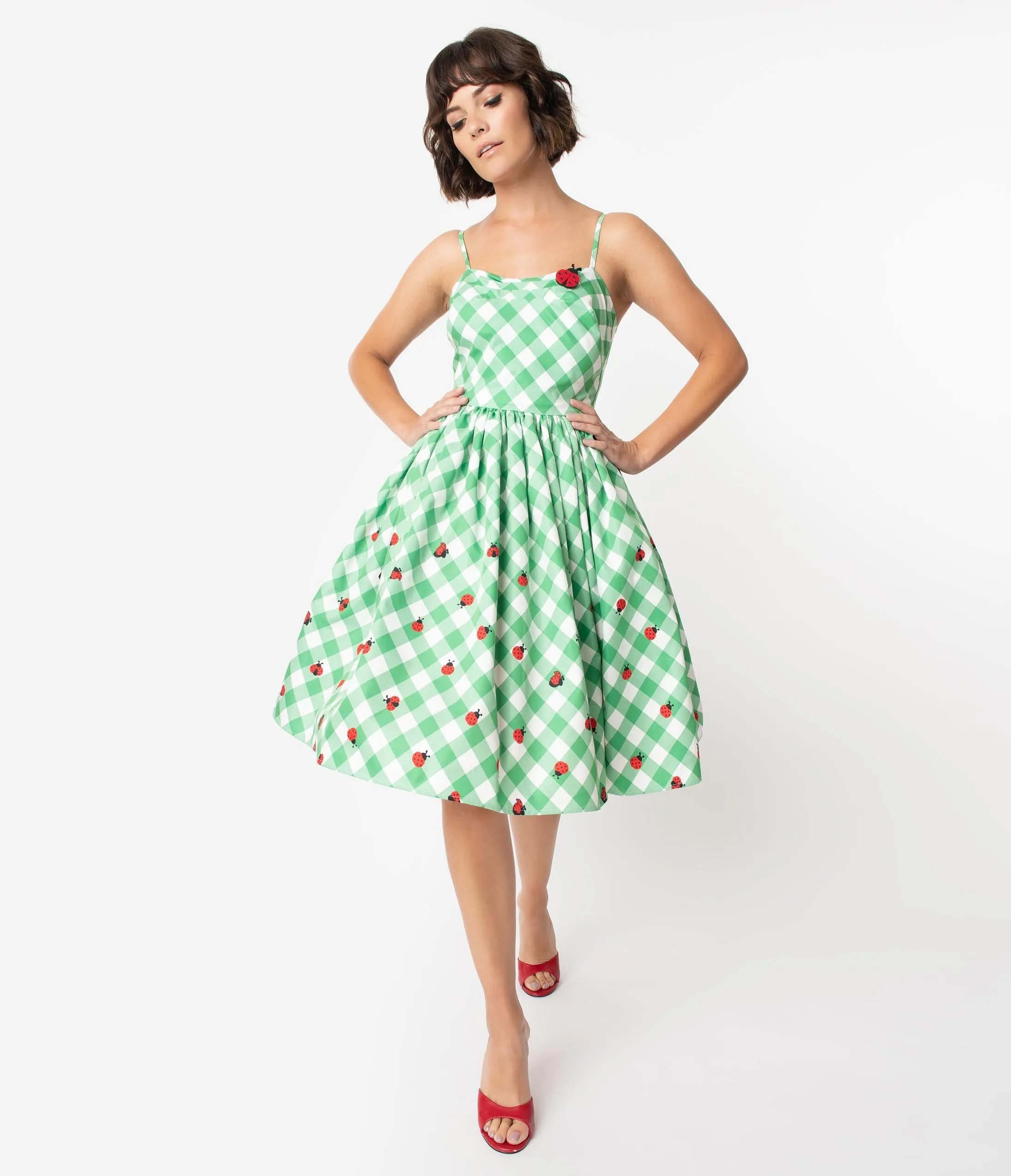 Unique Vintage 1950s Green & White Gingham Ladybug Darcy Swing Dress