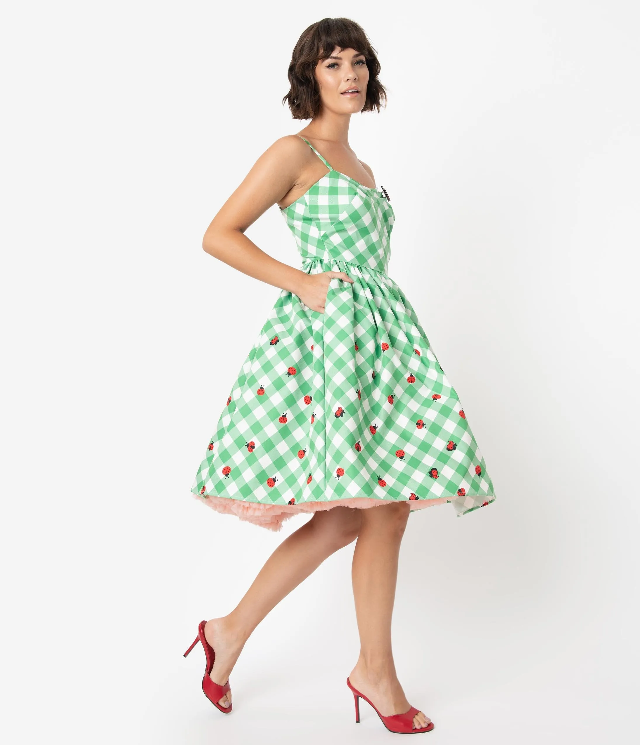 Unique Vintage 1950s Green & White Gingham Ladybug Darcy Swing Dress