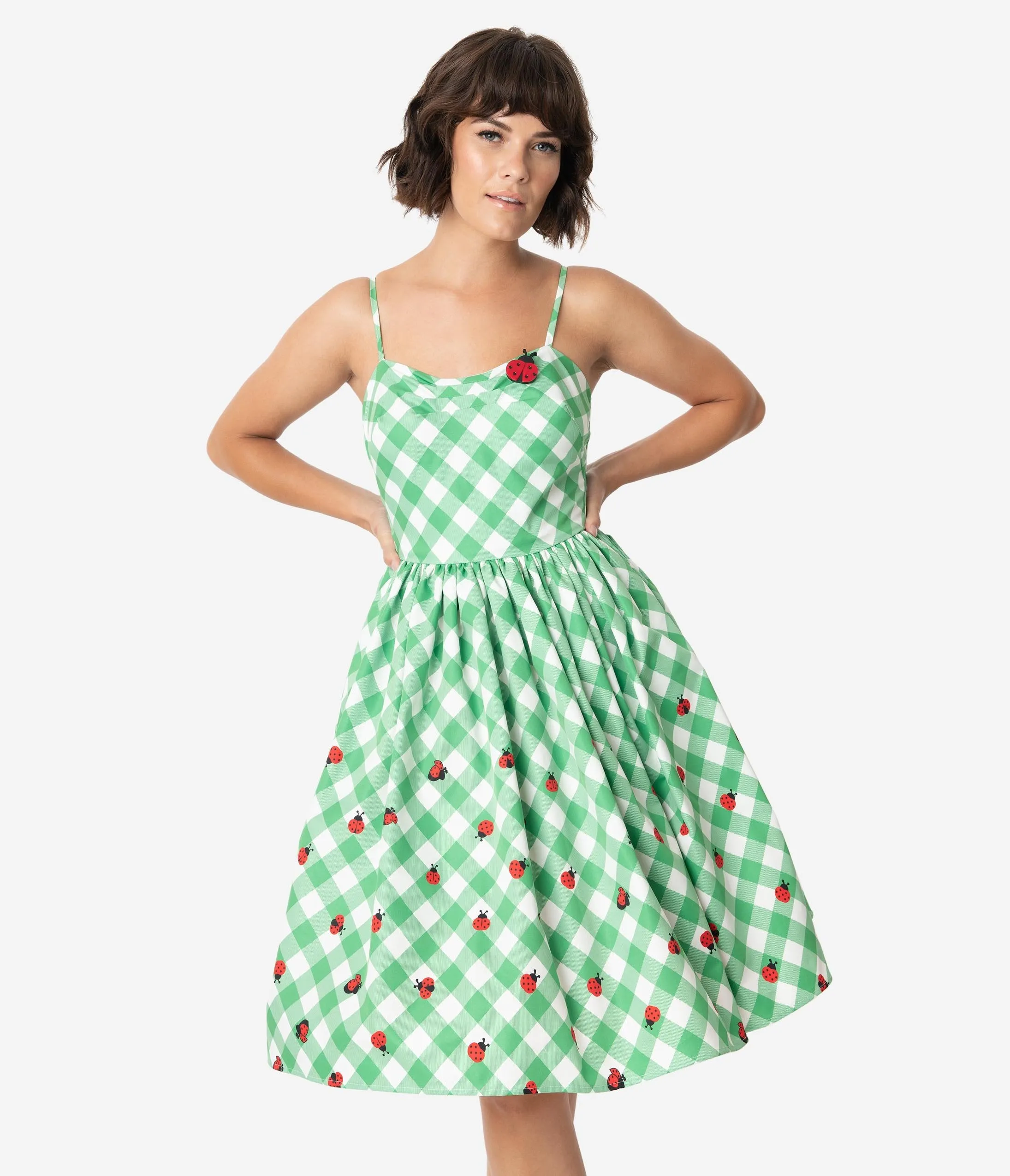 Unique Vintage 1950s Green & White Gingham Ladybug Darcy Swing Dress