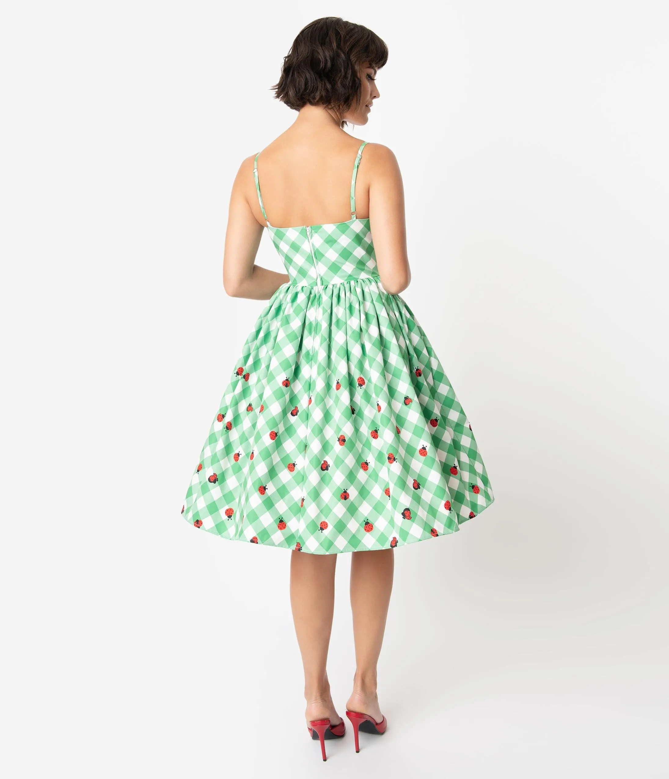 Unique Vintage 1950s Green & White Gingham Ladybug Darcy Swing Dress