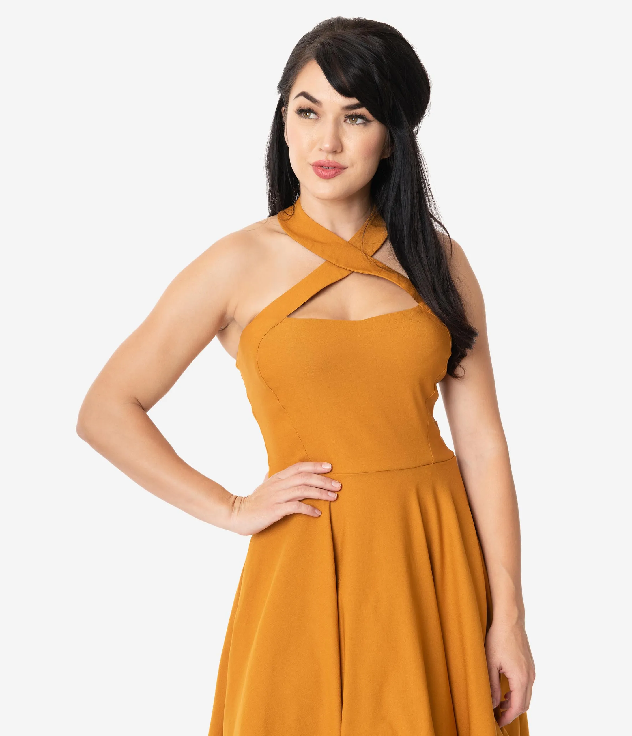 Unique Vintage 1950s Mustard Halter Rita Flare Dress