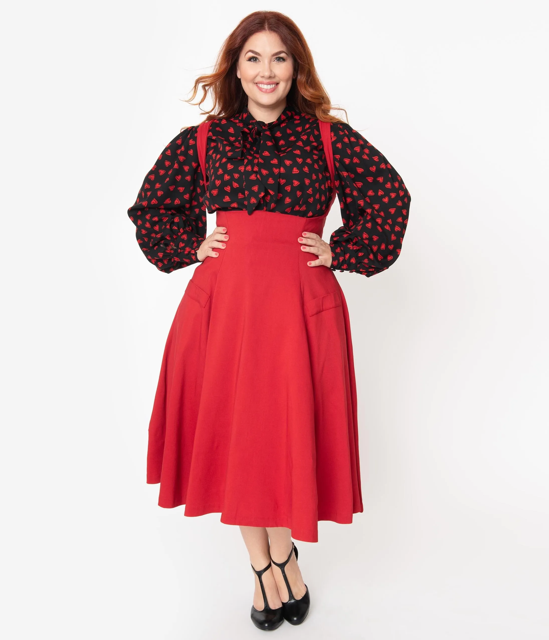 Unique Vintage Plus Size 1950s Red Amma Suspender Swing Skirt