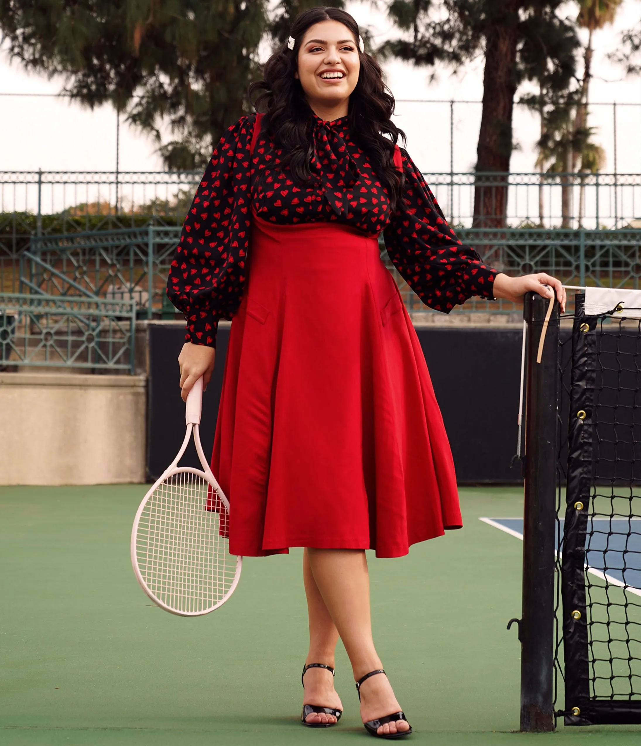 Unique Vintage Plus Size 1950s Red Amma Suspender Swing Skirt