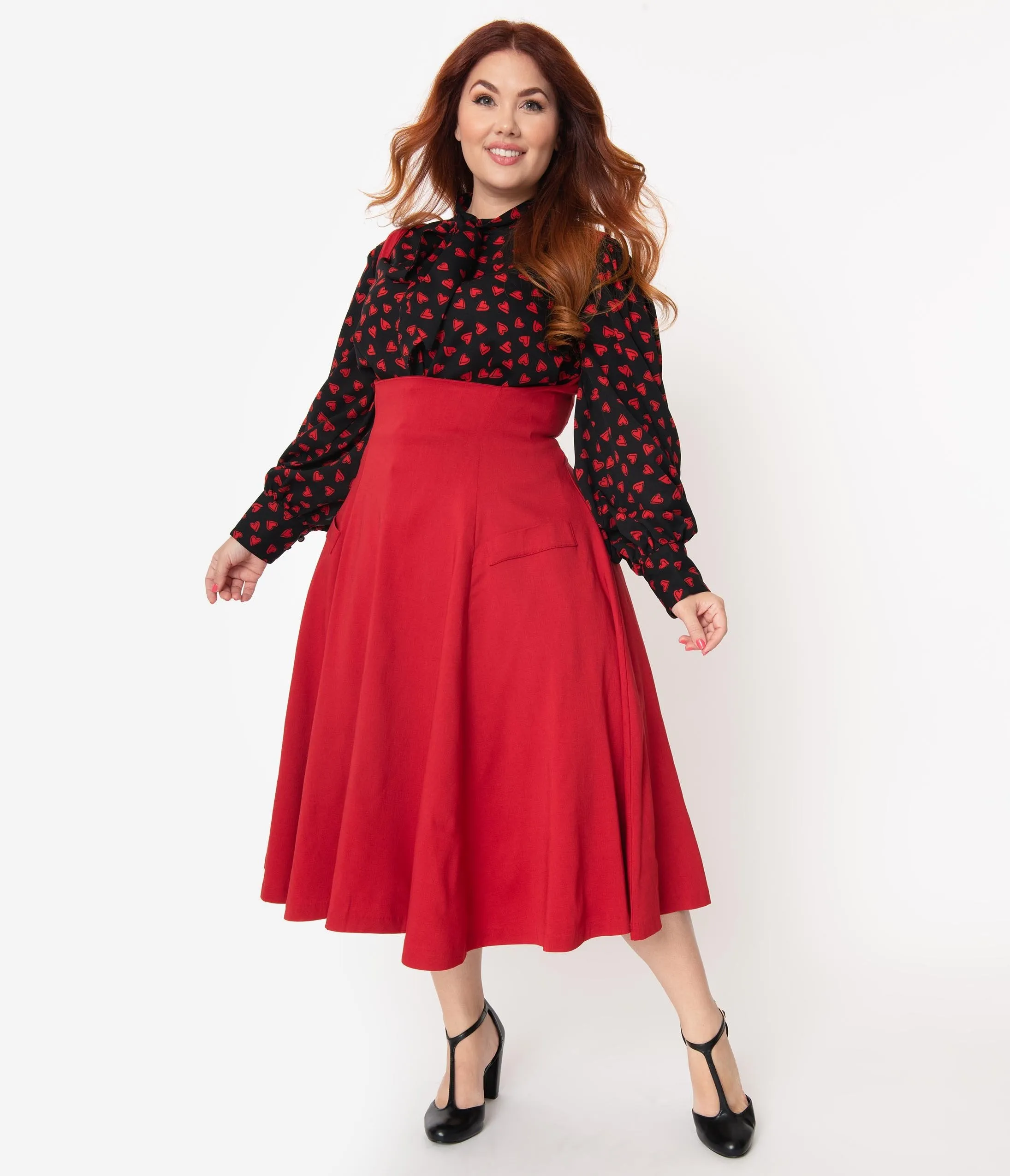 Unique Vintage Plus Size 1950s Red Amma Suspender Swing Skirt