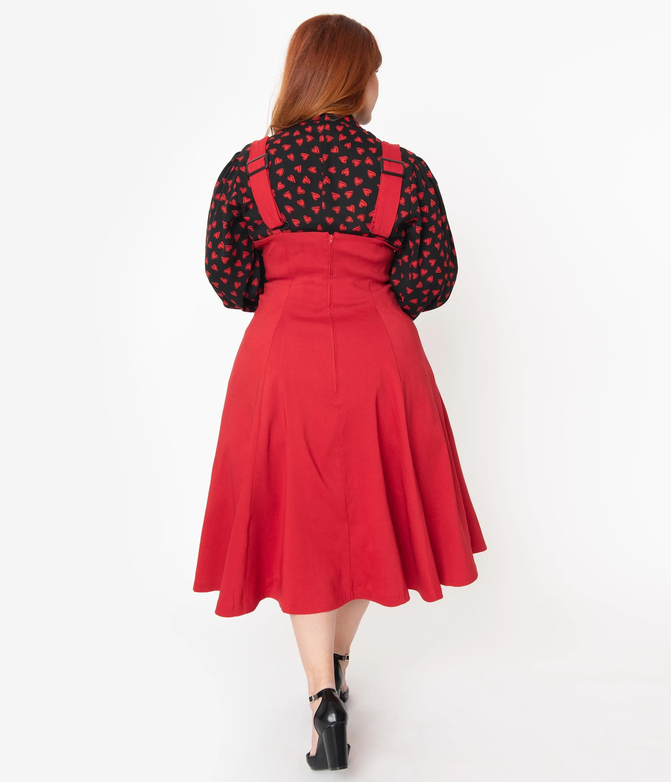 Unique Vintage Plus Size 1950s Red Amma Suspender Swing Skirt