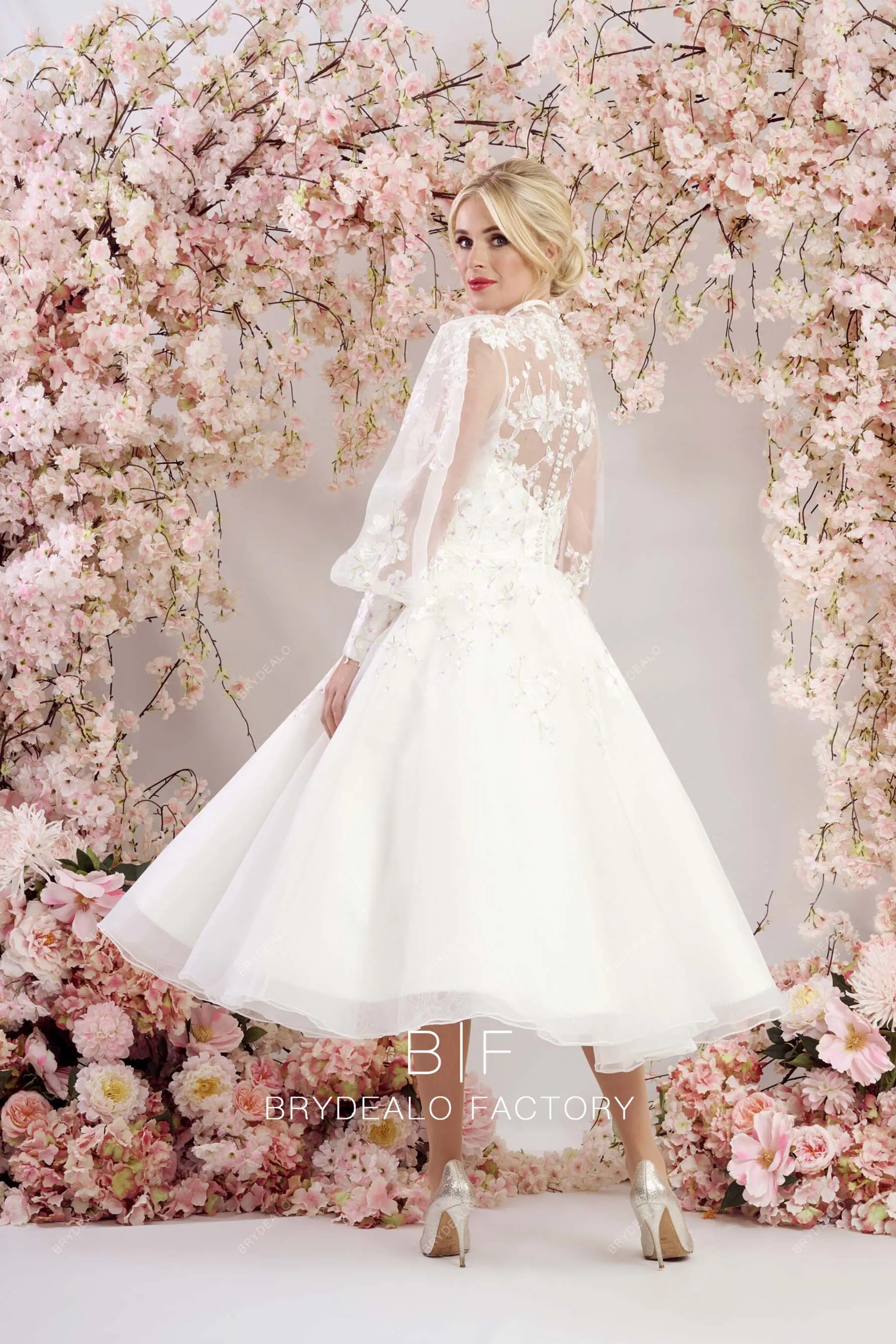 Victoria Bishop Sleeves Lace Organza Short Puffy Wedding Gown