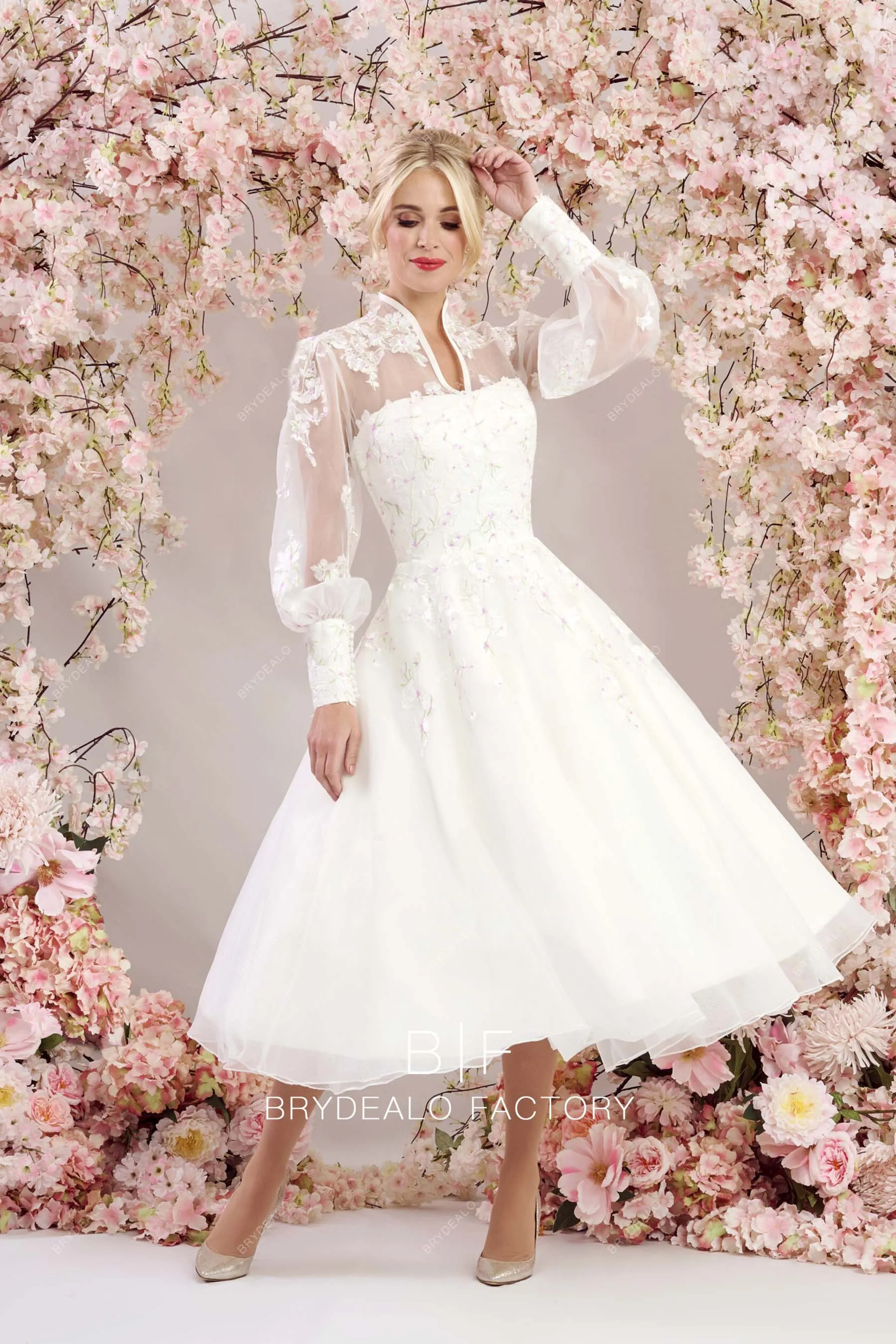 Victoria Bishop Sleeves Lace Organza Short Puffy Wedding Gown