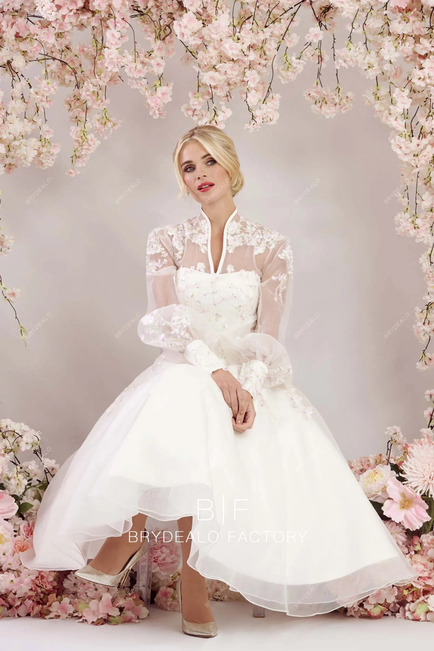 Victoria Bishop Sleeves Lace Organza Short Puffy Wedding Gown