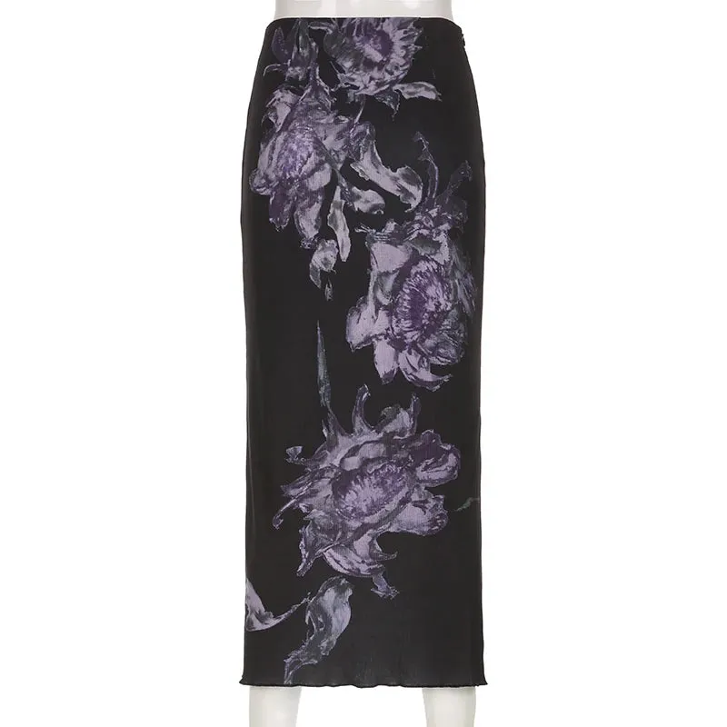 Vintage Flowers Printed Y2K Long Skirt Grunge Aesthetic Gothic Bodycon Women Skirt Side Split Elegant Dark Academia