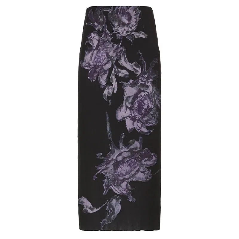 Vintage Flowers Printed Y2K Long Skirt Grunge Aesthetic Gothic Bodycon Women Skirt Side Split Elegant Dark Academia