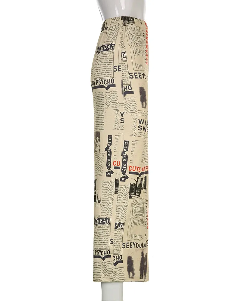 Vintage Newspaper Letter Print High Waist Long Skirt Women Distressed Harajuku Slim Pencil Skirts Aesthetic Y2K Chic