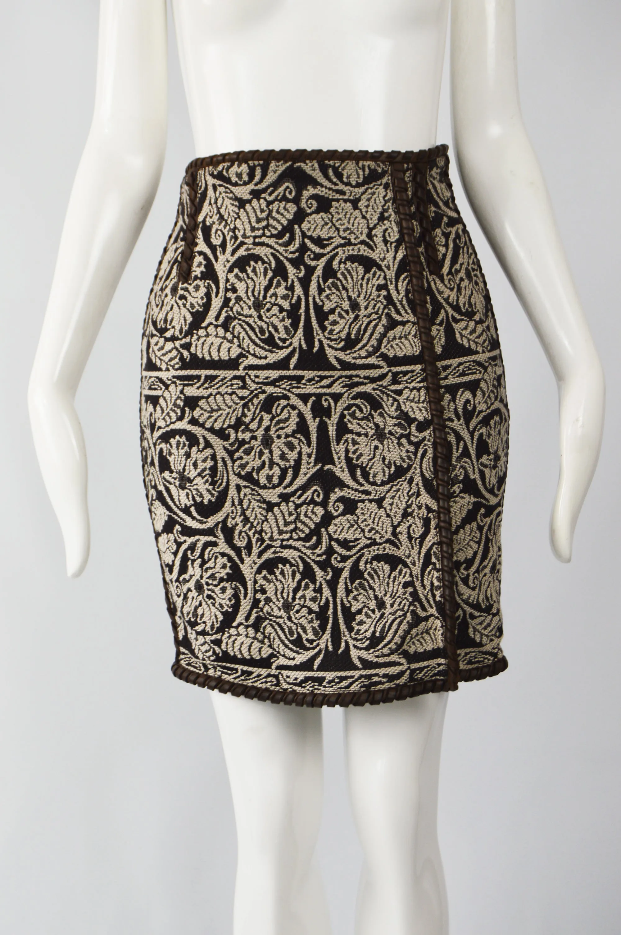 Vintage Womens Wool Tapestry & Leather Pencil Skirt, 1980s