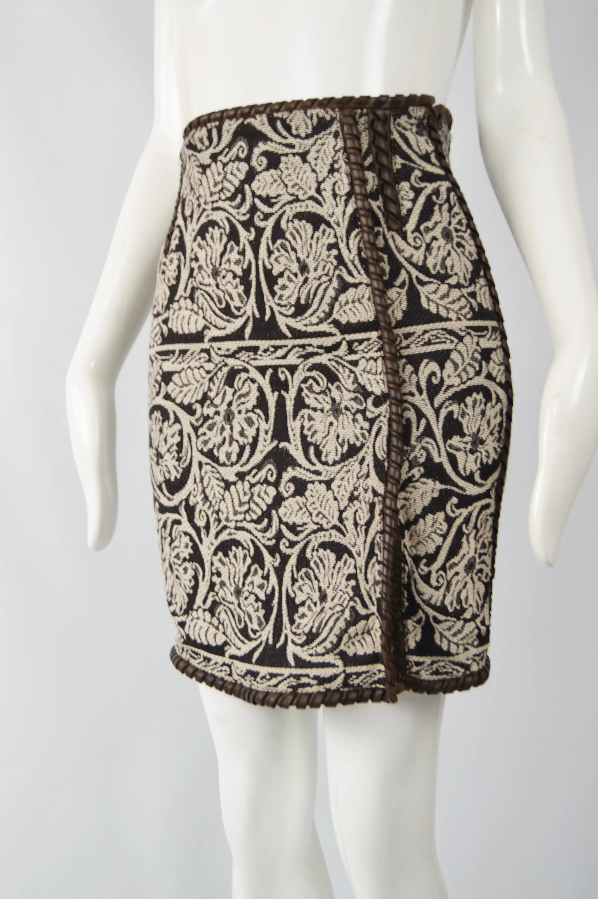 Vintage Womens Wool Tapestry & Leather Pencil Skirt, 1980s