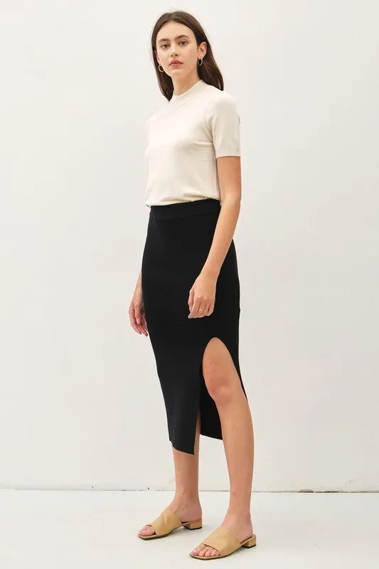 Willow High Waist Rib Knit Midi Skirt Black