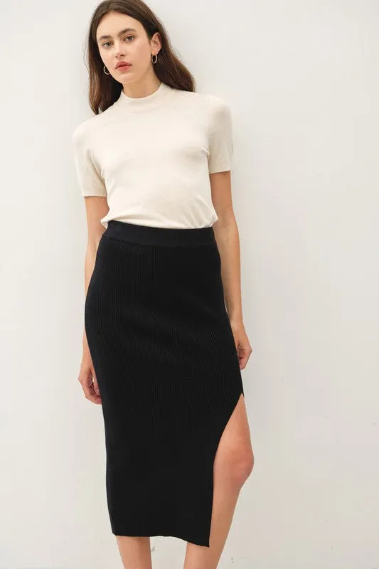 Willow High Waist Rib Knit Midi Skirt Black