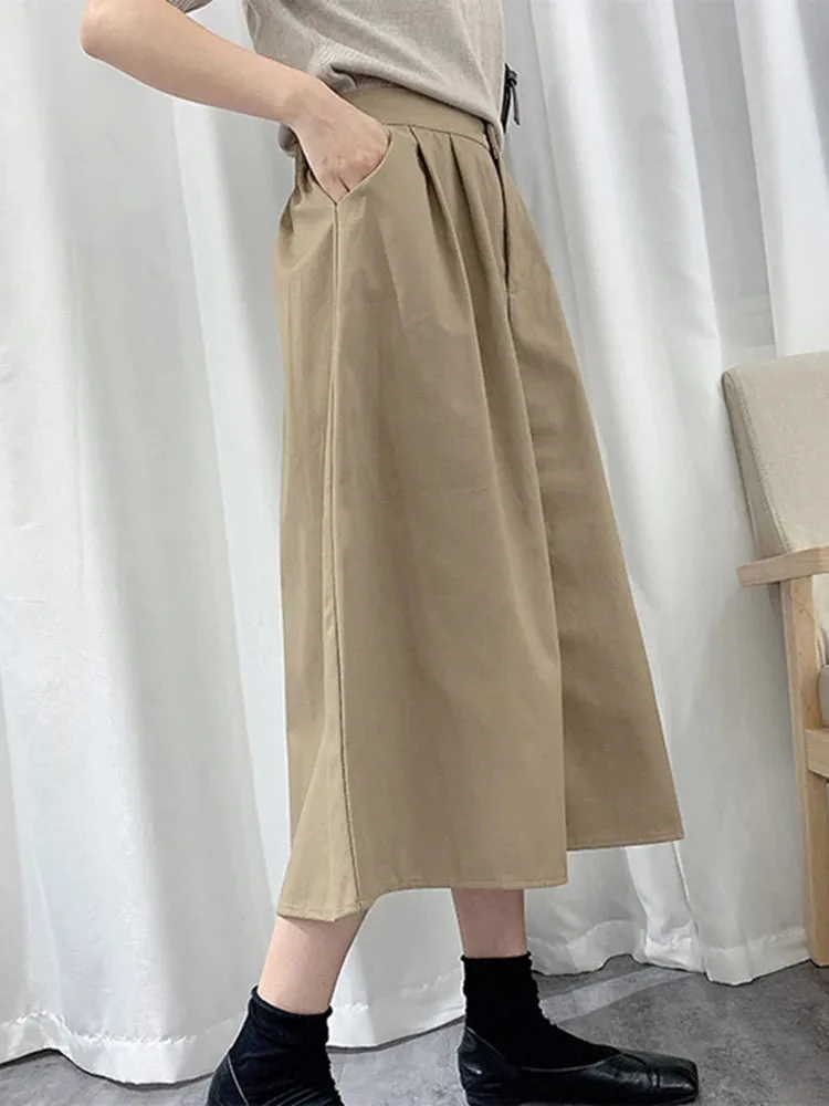 Women Summer Cotton Skirt Solid Casual Elegant Elastic High Waist Zipper A-Line Midi Skirts Japan Style C-053