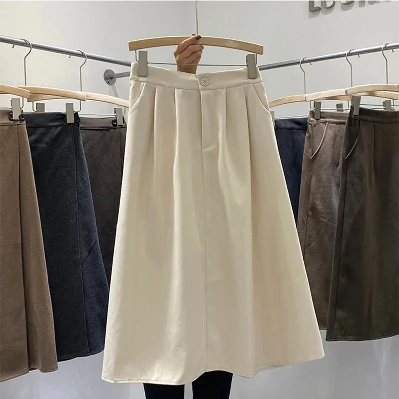 Women Summer Cotton Skirt Solid Casual Elegant Elastic High Waist Zipper A-Line Midi Skirts Japan Style C-053