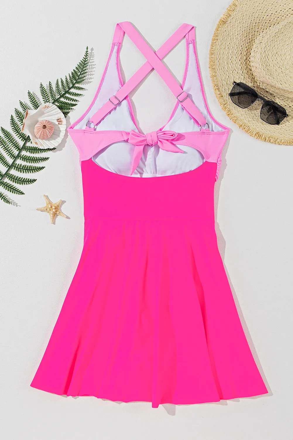 Women's Crisscross Straps Tie Back Flared One Piece Swimsuit Pleated Skirt Swimdress