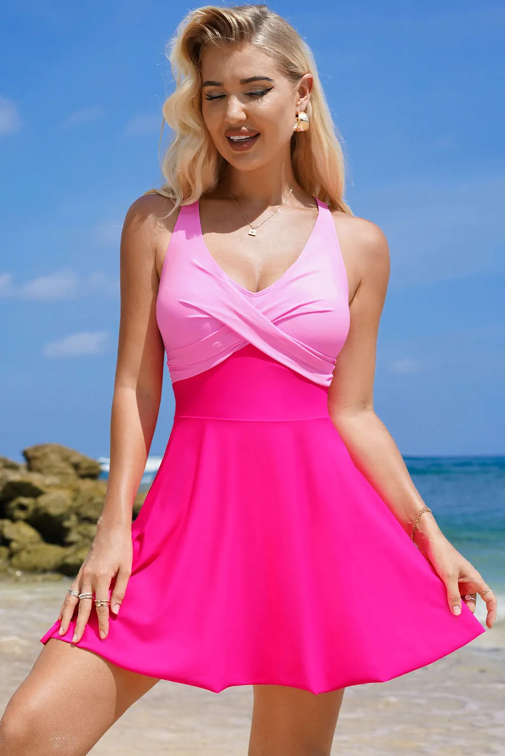 Women's Crisscross Straps Tie Back Flared One Piece Swimsuit Pleated Skirt Swimdress