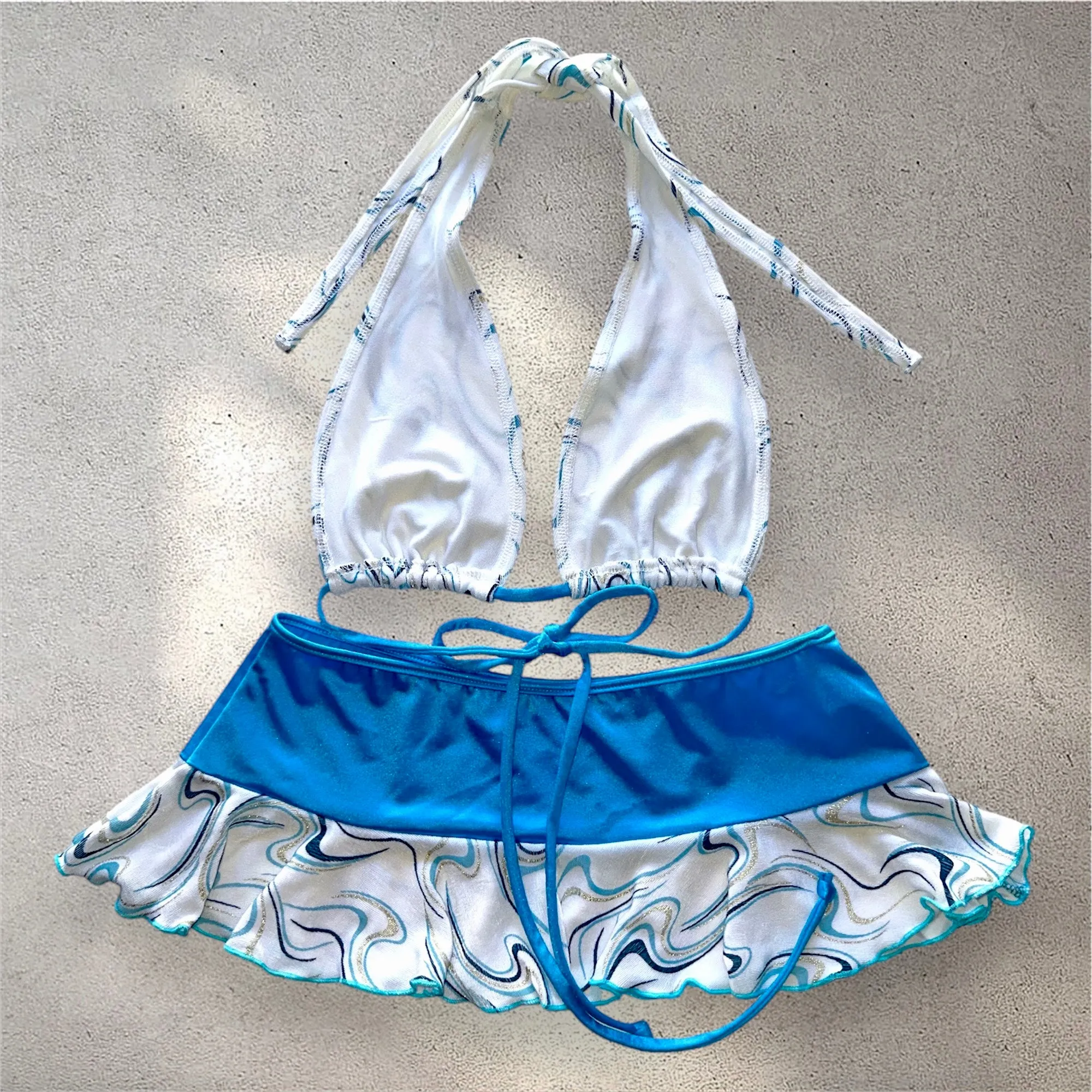 Y2K Boho Blue Sparkle Swirl Mini Skirt & Halter Top Set - Deadstock Vintage, Made in USA